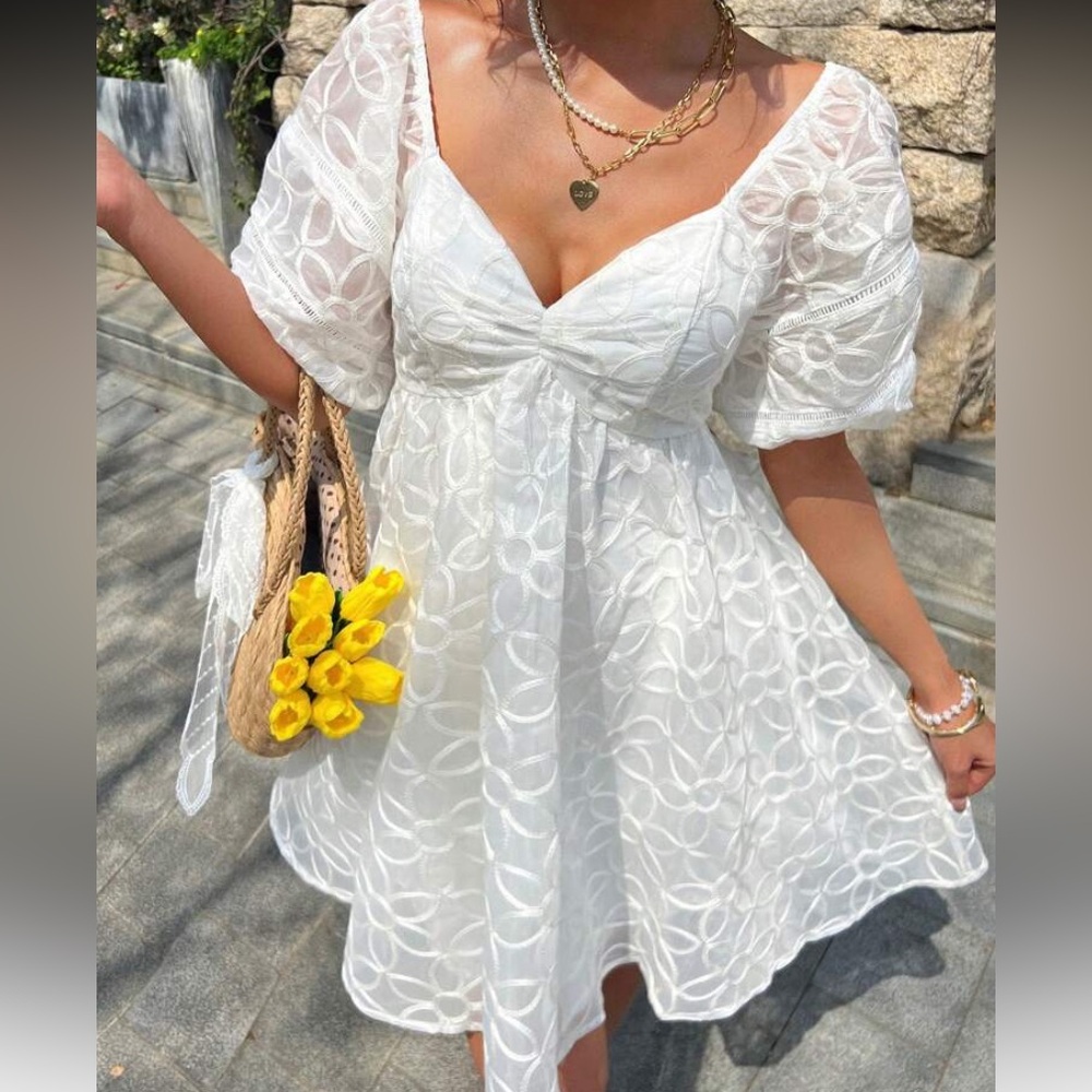 White Puff Sleeve Floral Lace Dress